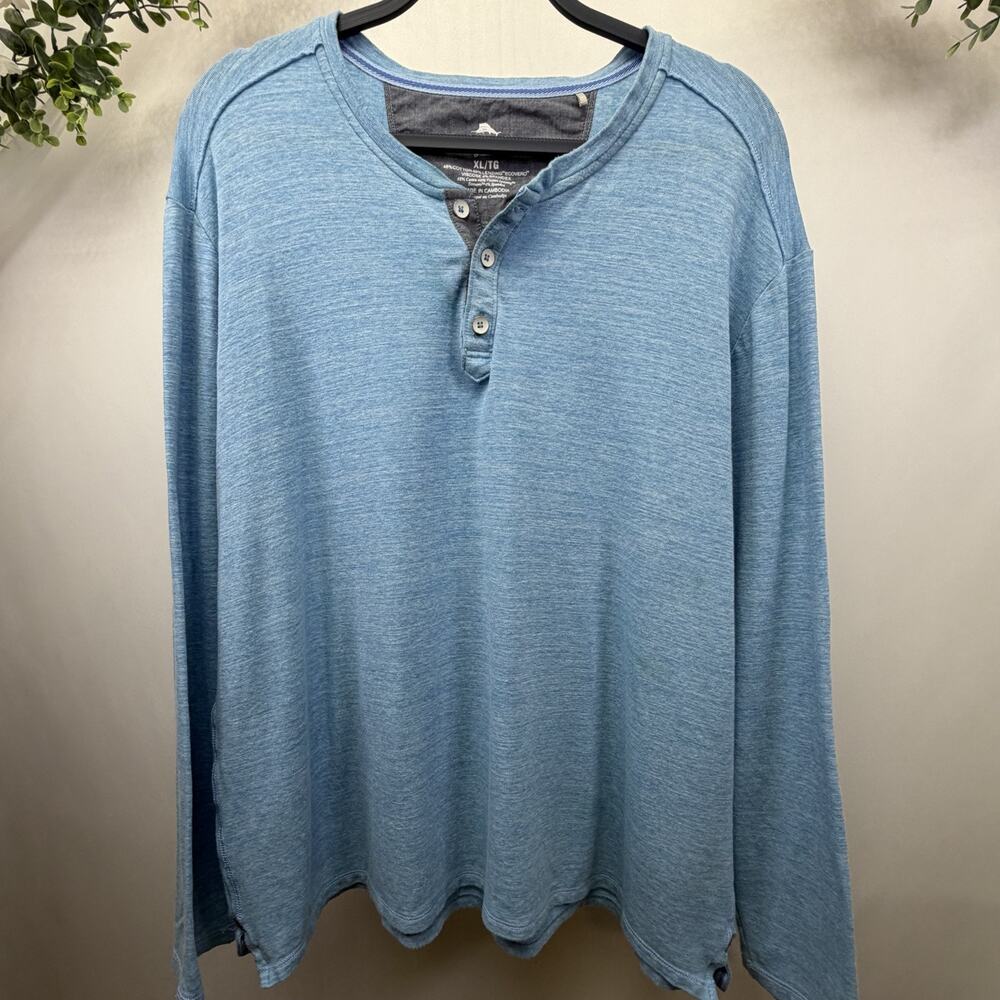 Tommy Bahama Oahu Shores Henley Tee Banff Blue Size XL Heathered Knit Getaway